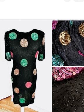 🇨🇦🆕 Vintage silk beaded black dress / fuchsia turquoise gold sequinned fireworks